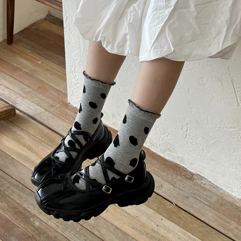 Moda coreana dulce chica JK Lolita Kawaii calcetines con volantes Retro lunares calcetines mujeres Harajuku algodón medio tubo calcetines