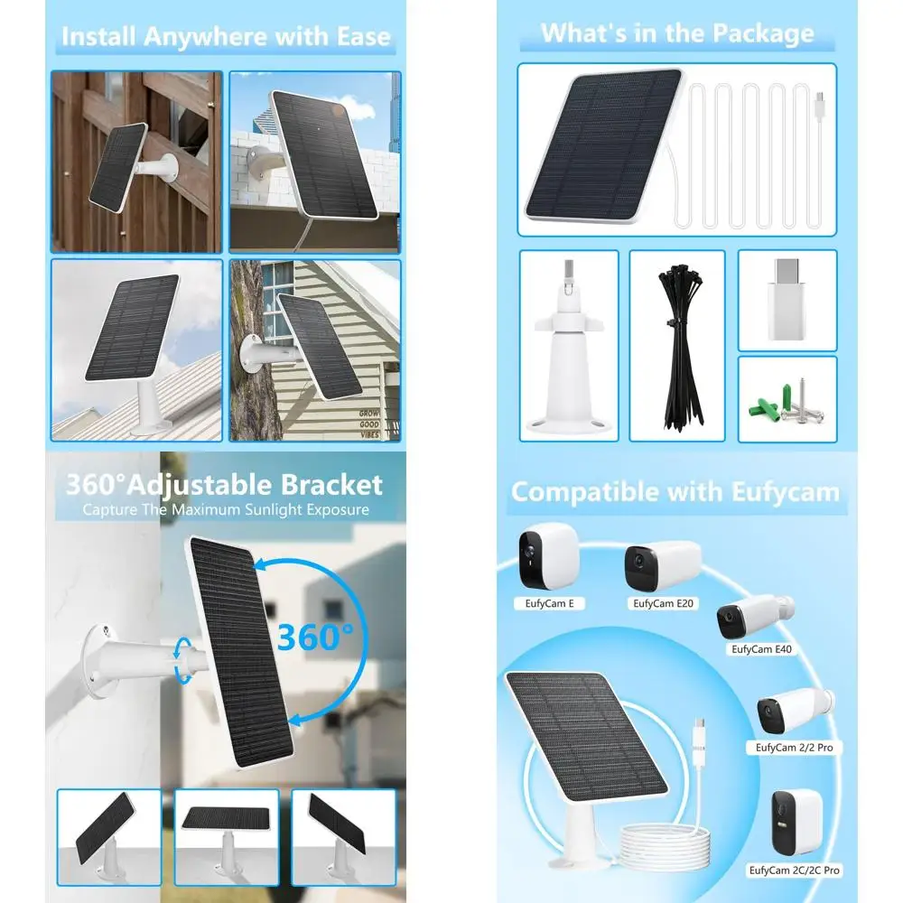 

Солнечная панель 5 Вт для камер видеонаблюдения, совместима с различными моделями, водонепроницаемая, кабель 3 м, комплект из 4 штук