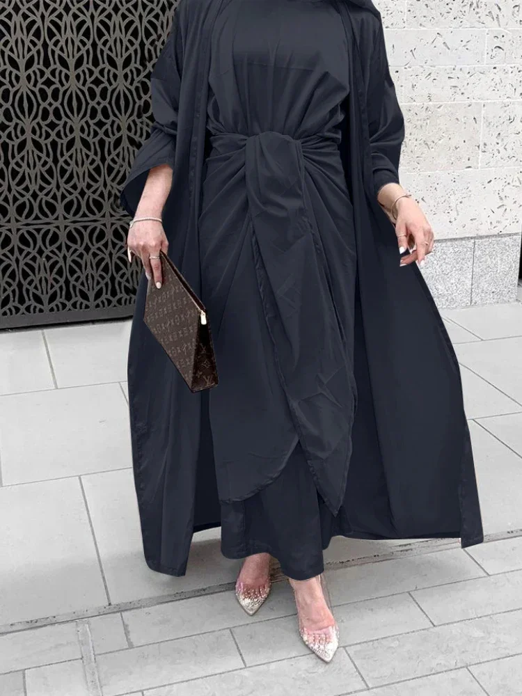 Eid Muslim 3 Piece Abaya Dress Set Women Morocco Party Dresses Belted Kaftan V-neck Maxi Prayer Abayas Maxi Long Vestidos 2026
