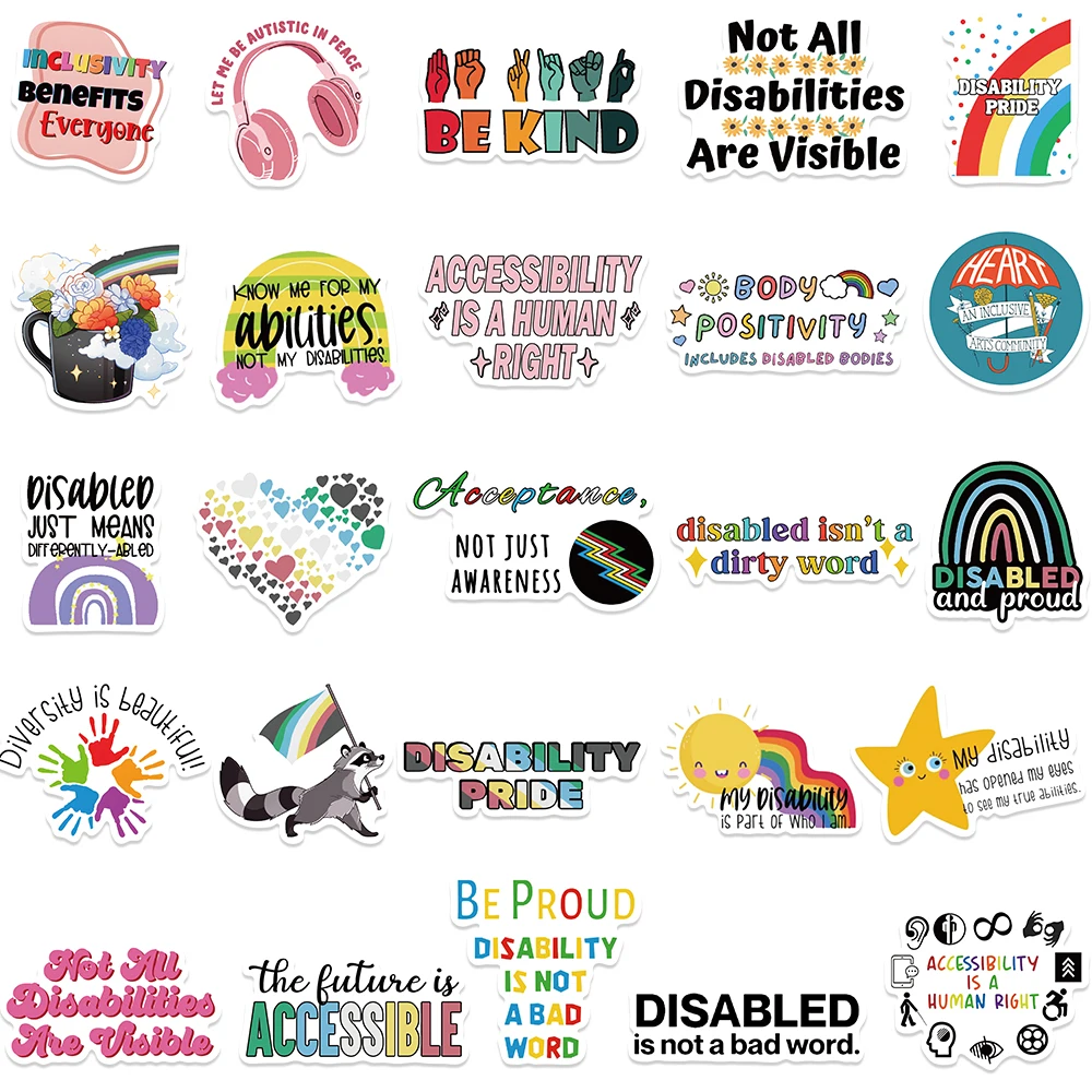 50pcs Disability Pride Stickers Rainbow Graffiti Decals For Water Bottle Laptop Luggage Skateboard Diary Waterproof Stickers