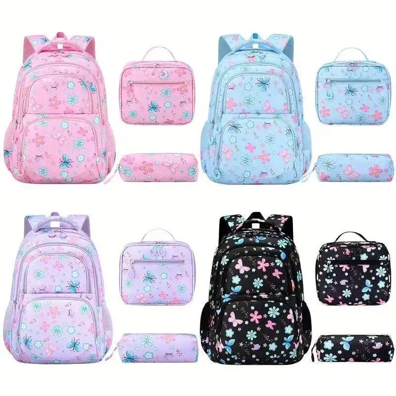 3-Piece Kids School Bag Set Butterfly Flower Print Water Resistant Lightweight Backpack With Insulated Lunch Bag Pencil Case view 3