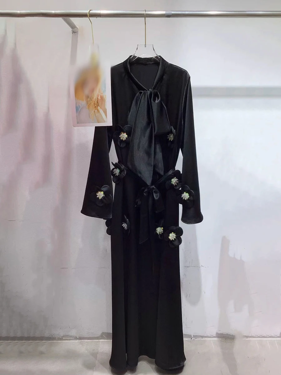 GALCAUR solide épissé 3D fleurs robe femme col rond à manches longues en vrac élégant décontracté femmes robes automne mode nouveau Style