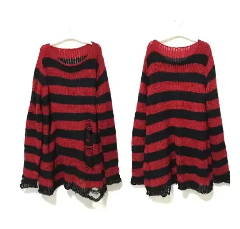 

Y2K Harajuku Striped Sweater Women Hollow Out Knitted Sweater Female Fashion Hole Broken Streetwear