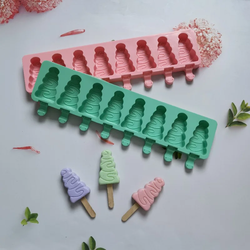 8 Cavities Bend Line Silicone Ice Cream Mold Tree Shape Chocolate Cake Candy Jelly Ice Baking Mould Soap Candle Making Set Gifts