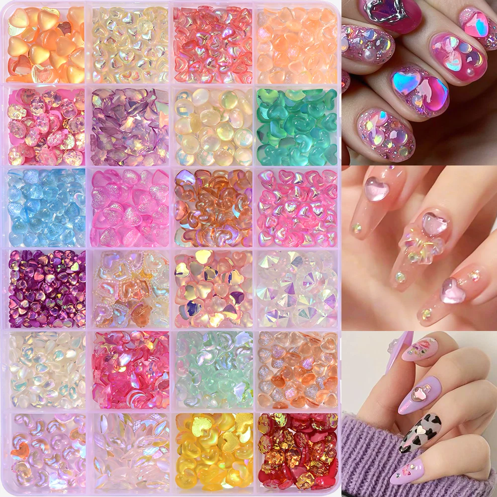 24 grilles/boîte 3D mixte Aurora amour-coeur Nail Art strass 8/10mm résine coeur cristal bricolage coloré noël manucure diamant