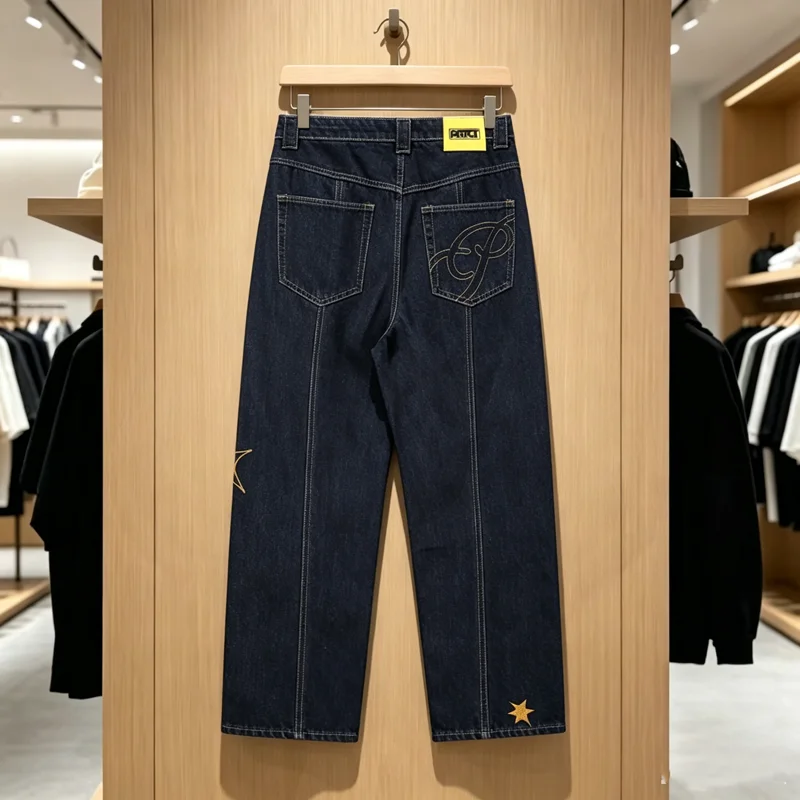 Yellow Label Prodect Side Stitch Star Logo Jeans Men Women High Quality Loose Straight Denim Pants Casual Streetwear Trousers