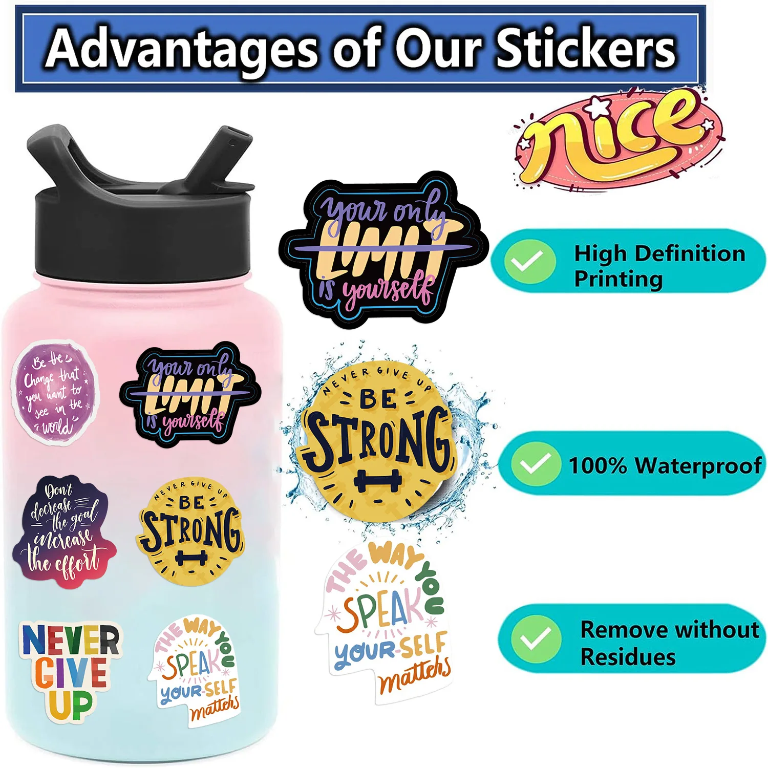 50pcs Inspirational Text Positive Stickers DIY Diary Phone Laptop Luggage Skateboard Graffiti Decals Funny for Kid Toys Gift