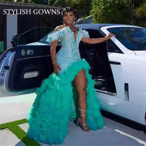 Customized Luxury Green Ruffles Prom Dress Mermaid Diamond Crystal Beaded Black Girl High Slit Evening Party Gown