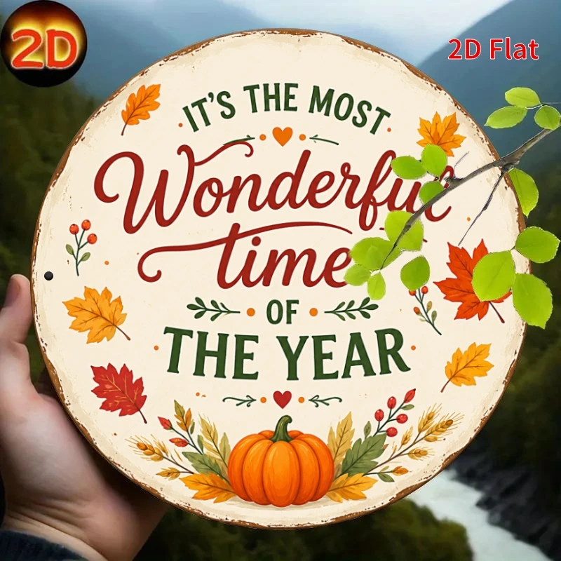 2D Flat, [2Dflat], 1pc20x20cm- Fall Harvest Decor, Thanksgiving Metal Aluminum Tin Plaque, Round Pumpkin Maple Leaf Wall Sign fo