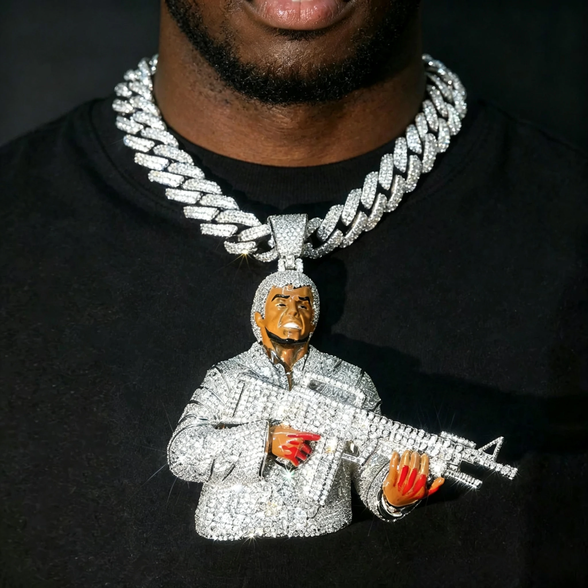 

925 Silver Iced Out 3D Gangster Pendant Necklace, Cuban Link Chain Moissanite, Hip Hop Luxury Jewelry, Bling Gun Figure Charm