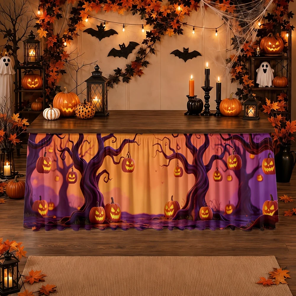 Halloween table skirt / tablecloth, featuring mysterious trees, pumpkins, orange and purple colorszyc