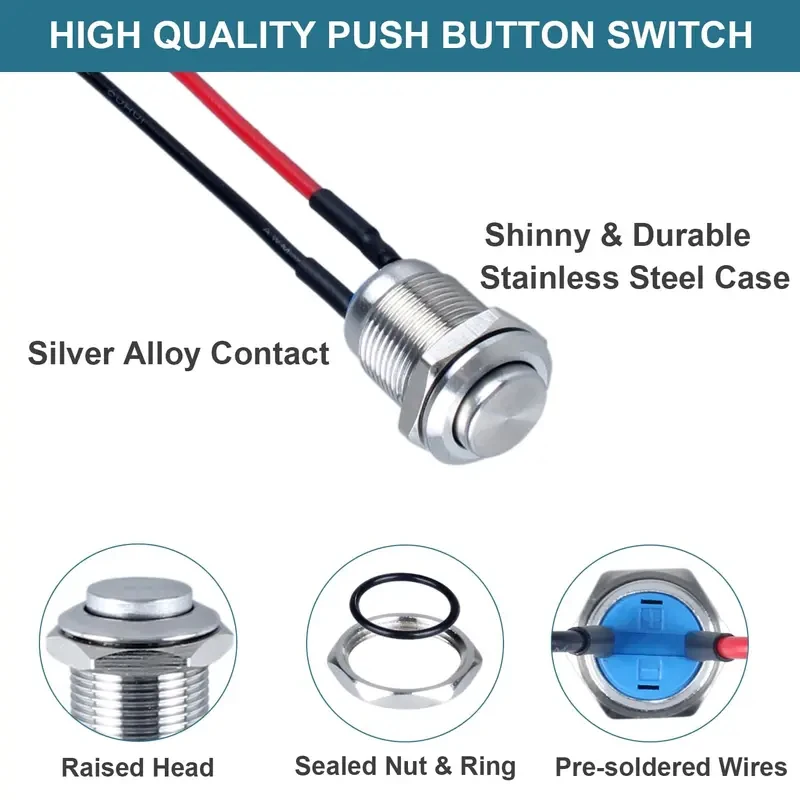 5pcs 12mm Round Head Momentary Push Button Switch Stainless Steel Normally Open with Pre-Soldered Cable 1NO for Car Boat