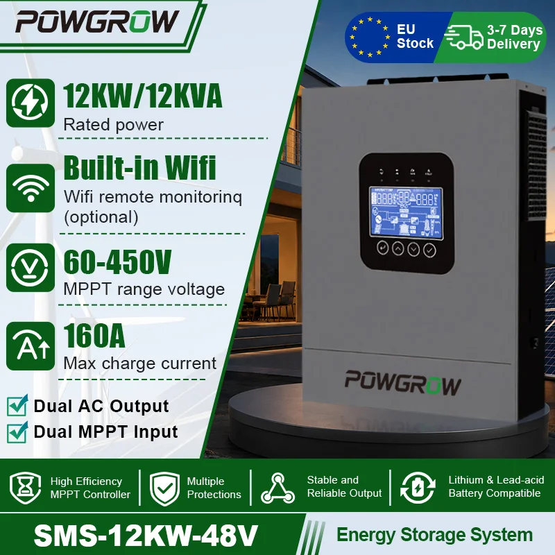 POWGROW 12KW Hybride Off-Grid Solar Inverter Dubbele Uitgang MPPT 48V Universeel 220V AC 160A Solar Charger Max 500V PV Ingang Ingebouwde BMS Zuivere Sinusgolf Inverter