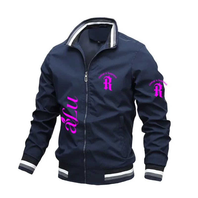 Summer Men Thin Windbreaker Pink Letter Graphic Stand Collar Zipper Jacket Daily Casual Light Coat For Outdoor