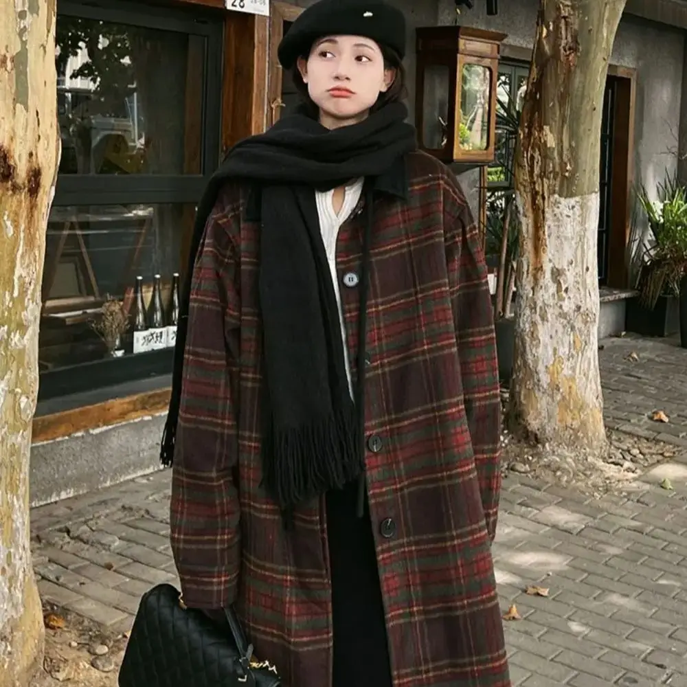 

Korea Retro Plaid Woolen Coat Women 2024 Autumn Winter New Style High-End Loose Over-The-Knee Thickened Woolen Coat