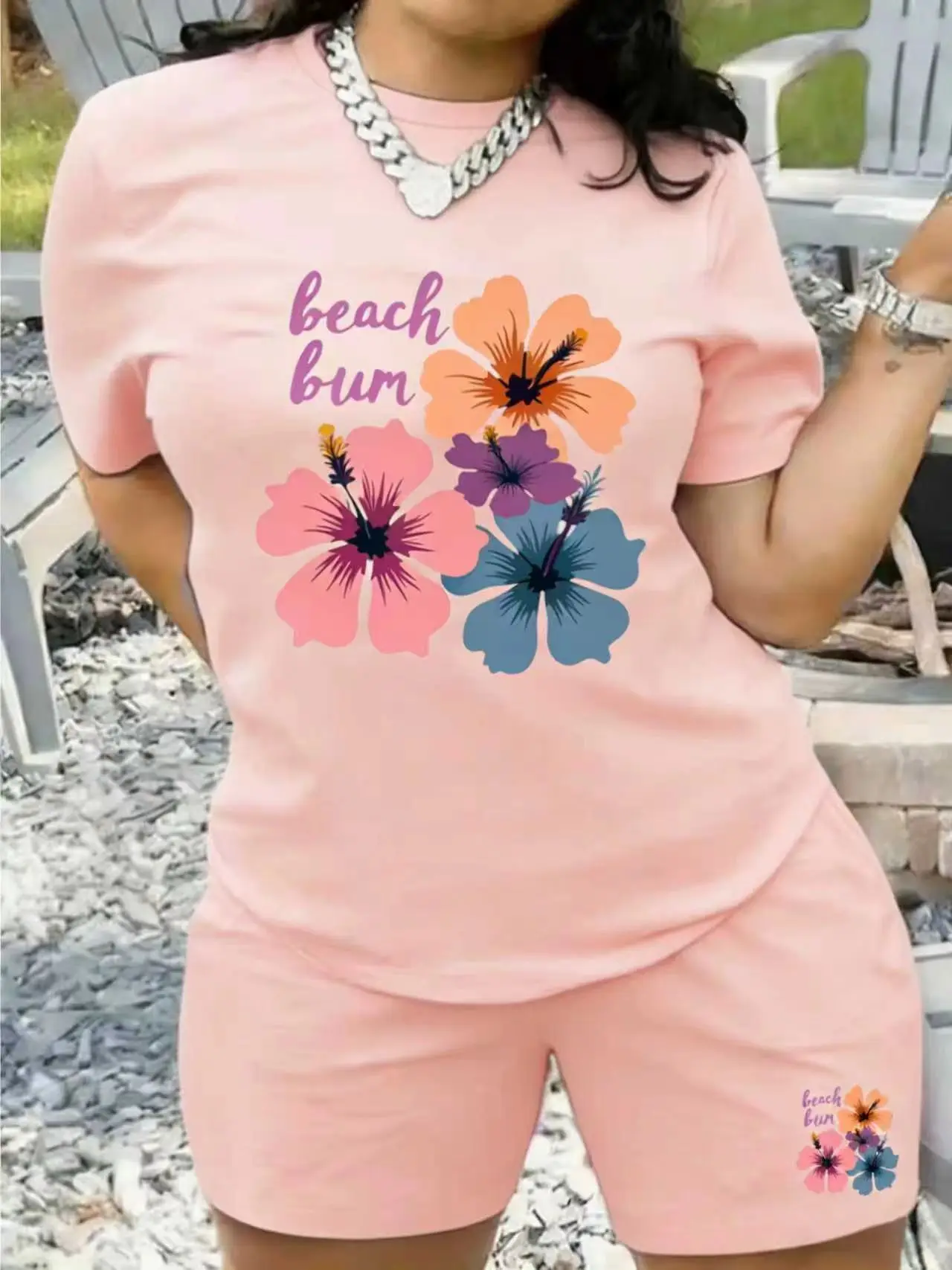 Beach Bum Hibiskus-Print Damen Zweiteiler Set Sommer Kurzarm T-Shirt und Shorts Casual
