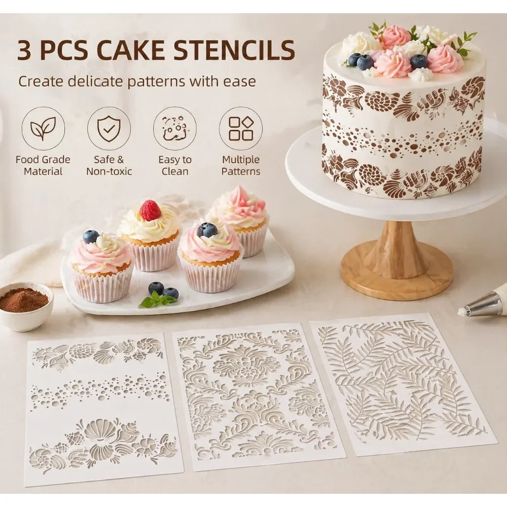 3Pcs Vintage Scroll, Marine & Leaf Cake Stencils, Food Grade PET Baking Tool for Wedding, Birthday & Party Cake Decoration