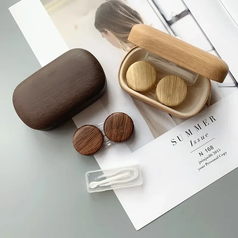 Myopia Contact Lens Case Vintage Leather Wood Grain Large Diameter Leakproof Storage Double Partner Simple Contact Lenses Box