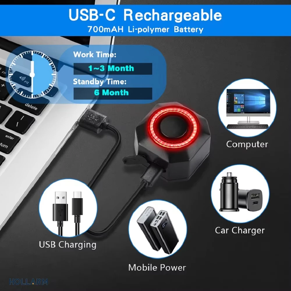 Hollarm Smart Bike Taillight Alarm Anti Theft Burglar Bicycle Light Alarm USB Charge Smart Brake Sensing Remote Control Tail Lam view 3