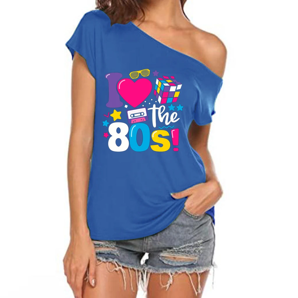 XUANSHOW 2024 Sommer I Love the 80s Emotional Element T-Shirt Sexy Off Shoulder Tops Kurzarm Buchstaben bedrucktes T-Shirt – Detail 19