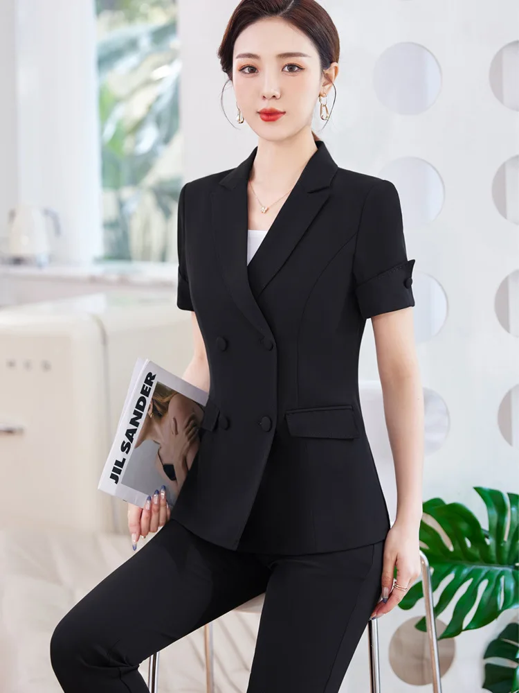 Newest Spring Summer Women Business Suits with Pants and Jackets Coat Short Sleeve Professional Pantsuit Office Work Wear Blazer