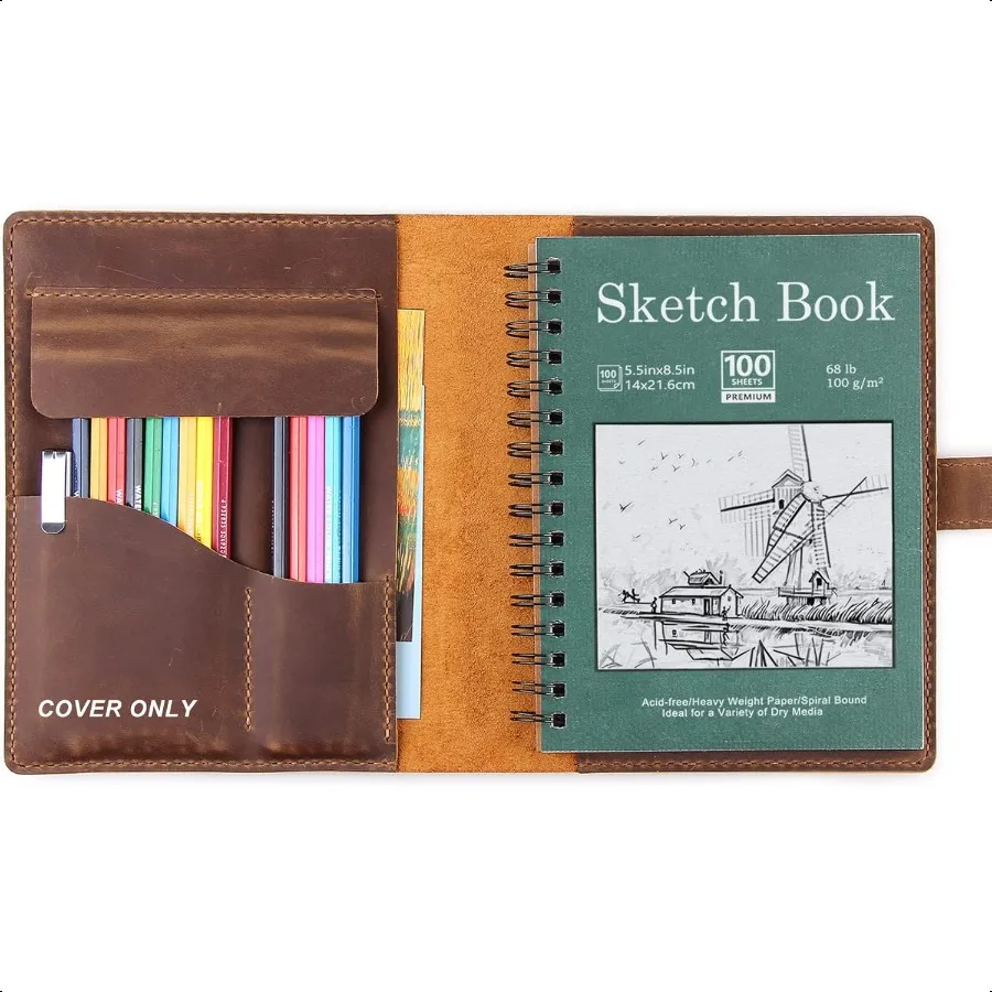 

Handmade Leather Sketchbook Cover Leather Artist Sketch Pad Cover for 5.5 x 8.5 Sketchbook Drawing Book and Pencil Case Journal