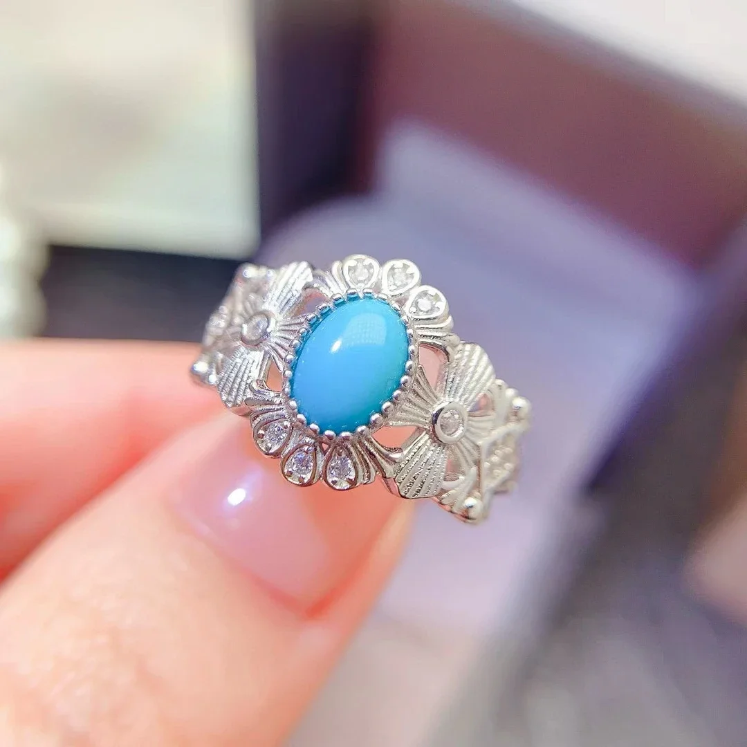 Reconstituted Turquoise Ring 5mm*7mm Natural Turquoise Powder Forming Gemstone Ring Vintage Design 925 Silver Jewelry