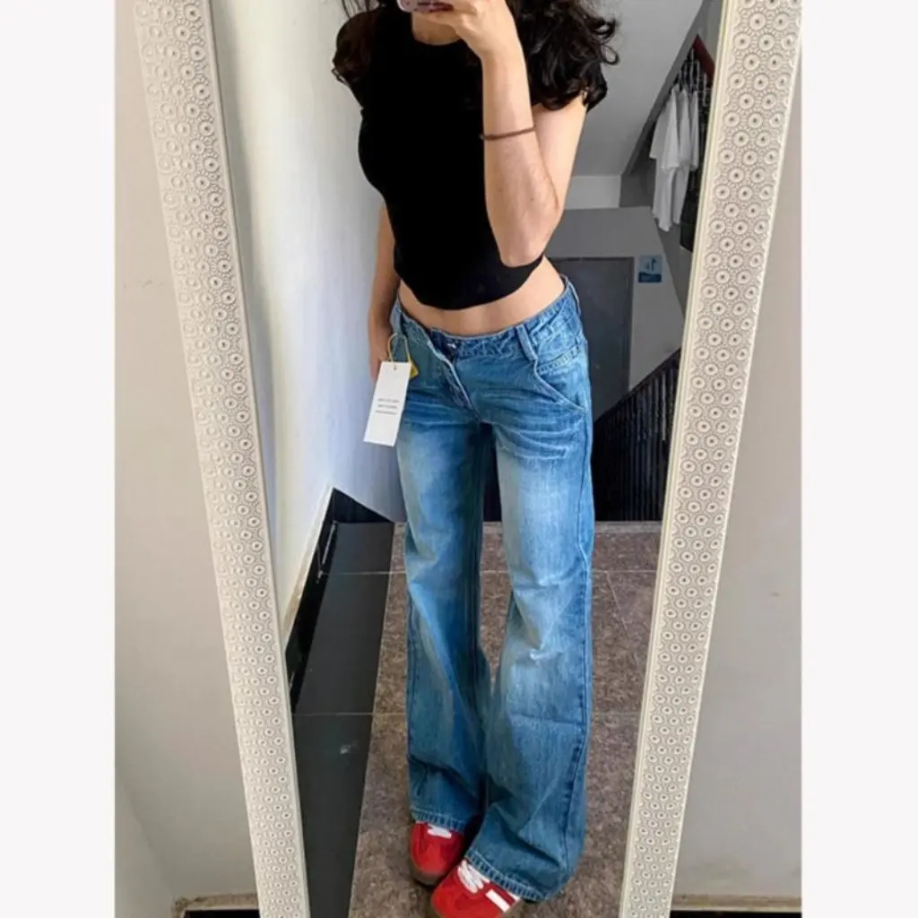 

Детские брюки-комбинации с низкой талией в американском стиле, джинсовые брюки-клеш на весну и осень для похудения с рисунком молний