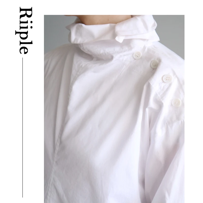 

Spring Summer Asymmetric Button High Collar irt Loose Fit Long Sve Women's Busin Casual Cotton Color irt