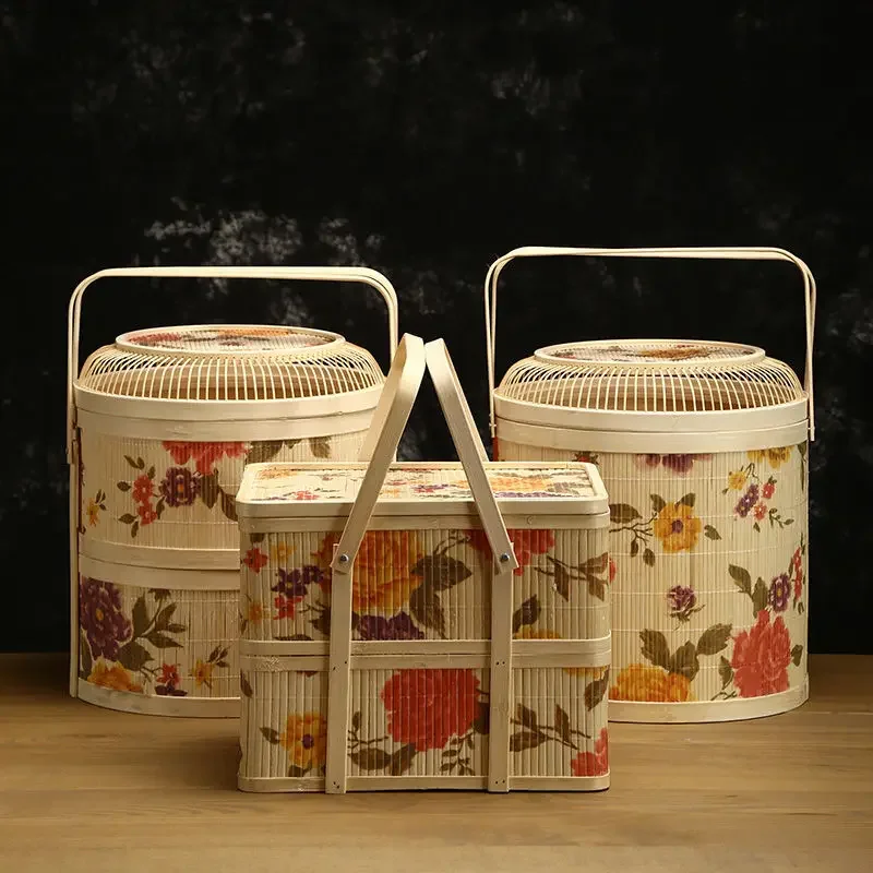 Kitchen Basket for Rice Dumplings and Mooncakes, Souvenir Packaging, Round Peony Flower, Portable Bamboo Basket, Bamboo