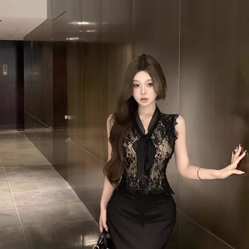 

Black Lace Knot V-Neck Sleeveless Vest Women's Sexy Slimming Top Summer New Style Pure Desire Outerwear