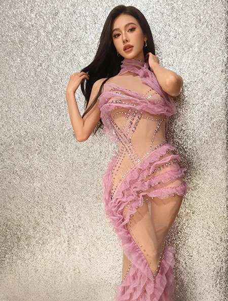 

Zijuan Elegant Women Party Dress Sexy Perspective Mesh Pink Lace Dress Quinceanera Birthday Cocktail Wedding Dress Prom Gowns