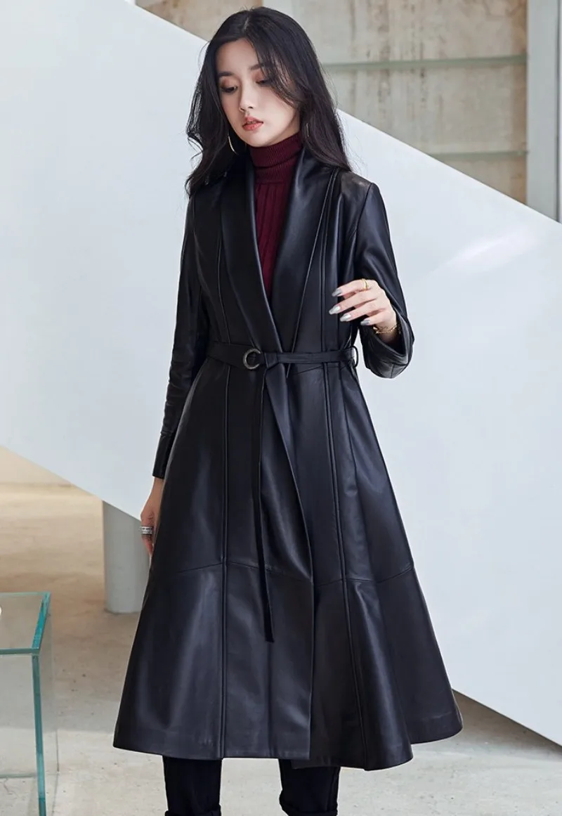 Casaco de couro longo com cintos de pele de carneiro feminino, blusão vintage feminino, trench coat justo, couro genuíno, elegante R, 2023