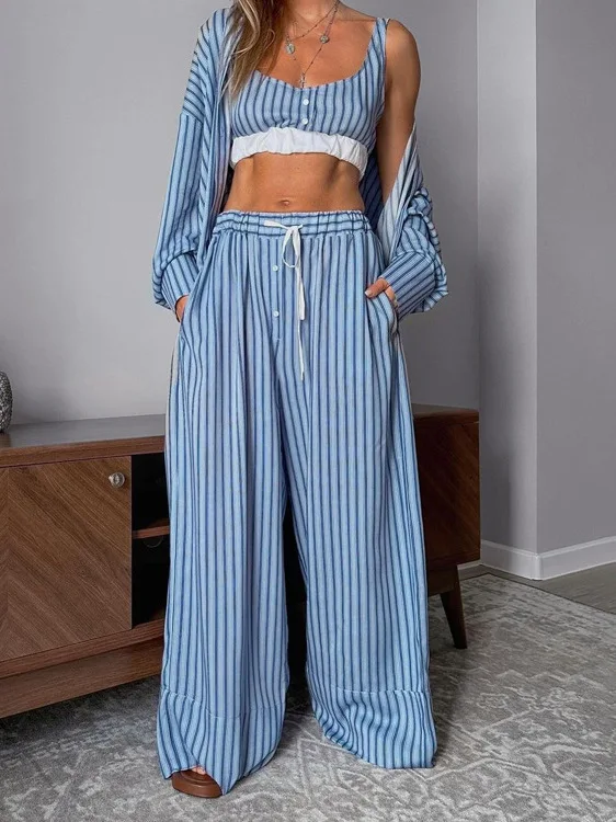 

Blue Striped Long Sve Open Cardigan Tank Top Wide Leg Pants Tee Piece Set Casual Faion Ensemble Women's Clothing