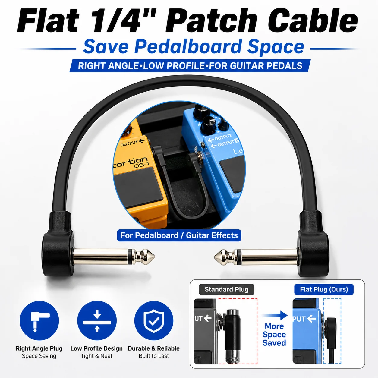 3‑Pack Guitar Patch Cables 1/4 Inch 6.35mm Right Angle Low Noise Shielded Oxygen‑Free Copper Core for Guitar Bass Pedalboard Amp