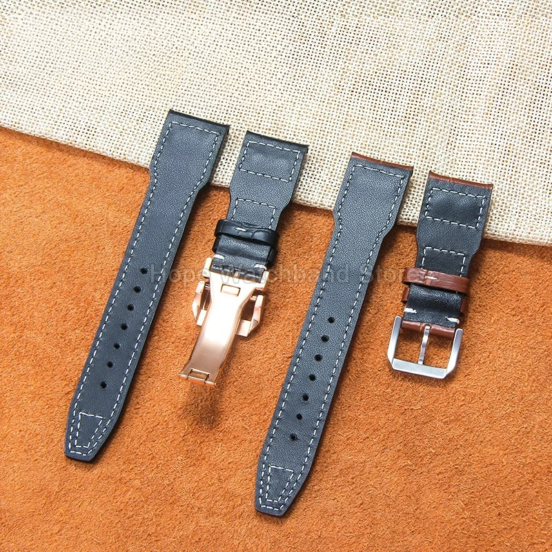 สายนาฬิกาหนังวัวแท้สีดำน้ำตาล ขนาด 20 21 22 มม. สำหรับนาฬิกา IWC Pilot's Portofino Spitfire ดีไซน์ตกแต่งหมุดยึดแบบเรียบ