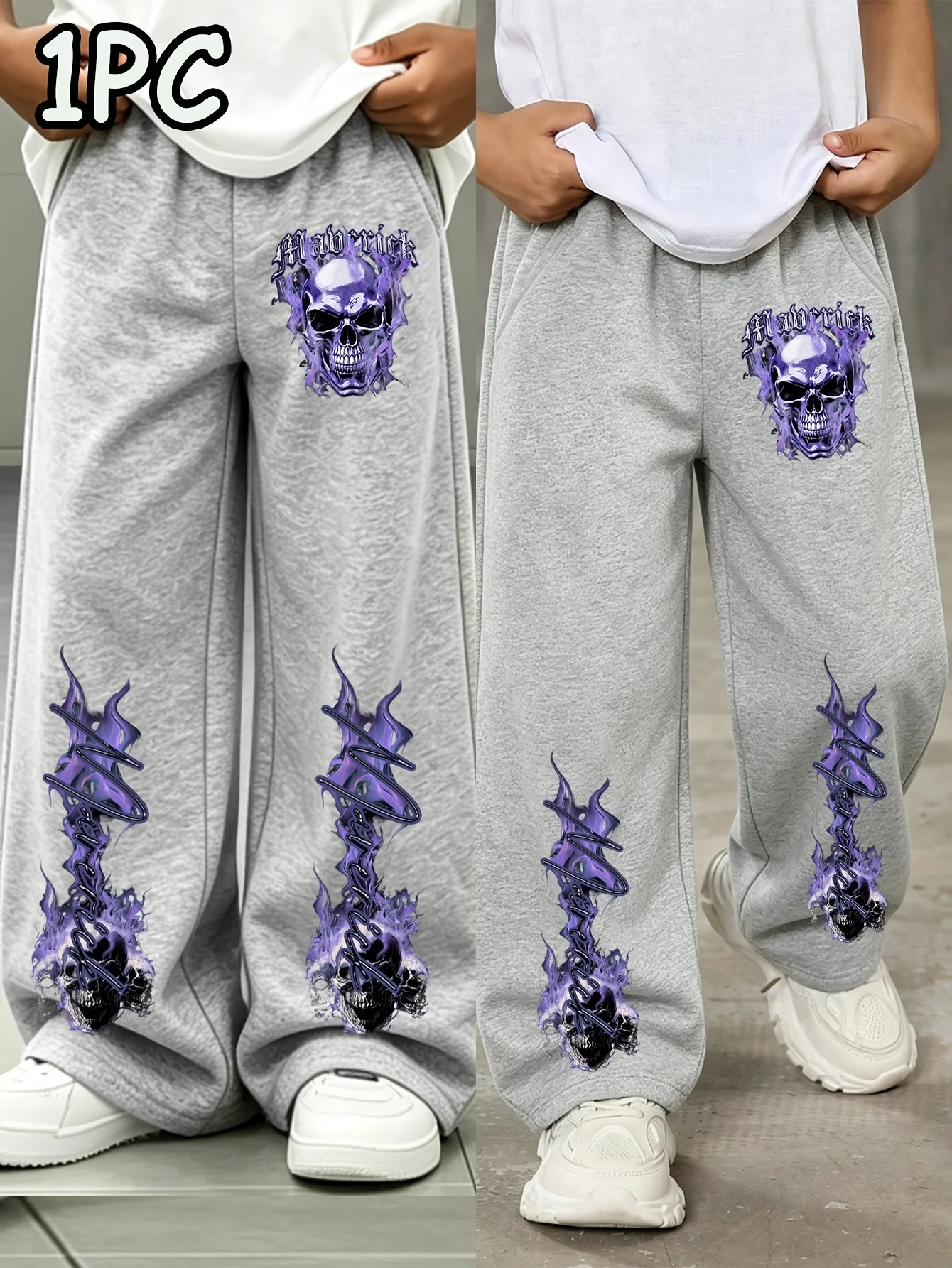 Men's Gothic Purple Flame Skull Print Wide Leg Sports Pants with Elastic Drawstring High Street Loose Straight Leg Casual Pants