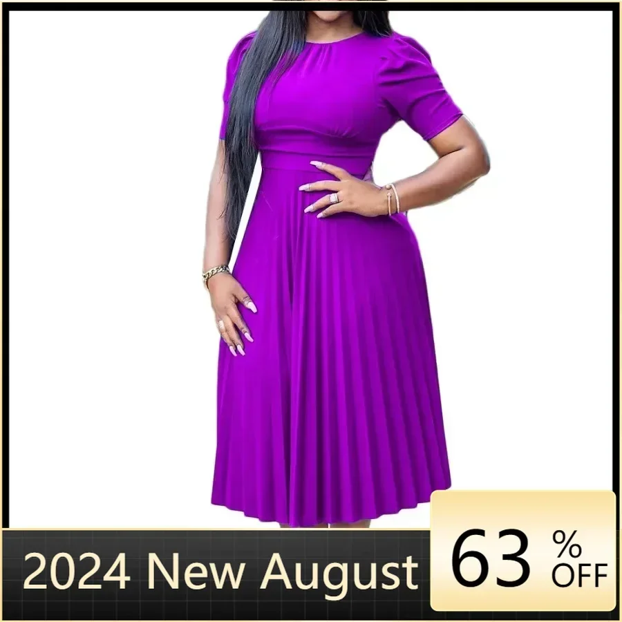 

African Midi Dresses for Women Autumn Elegant African Short Sleeve O-neck Pleat Dress Dashiki Africa Clothing African Dresses