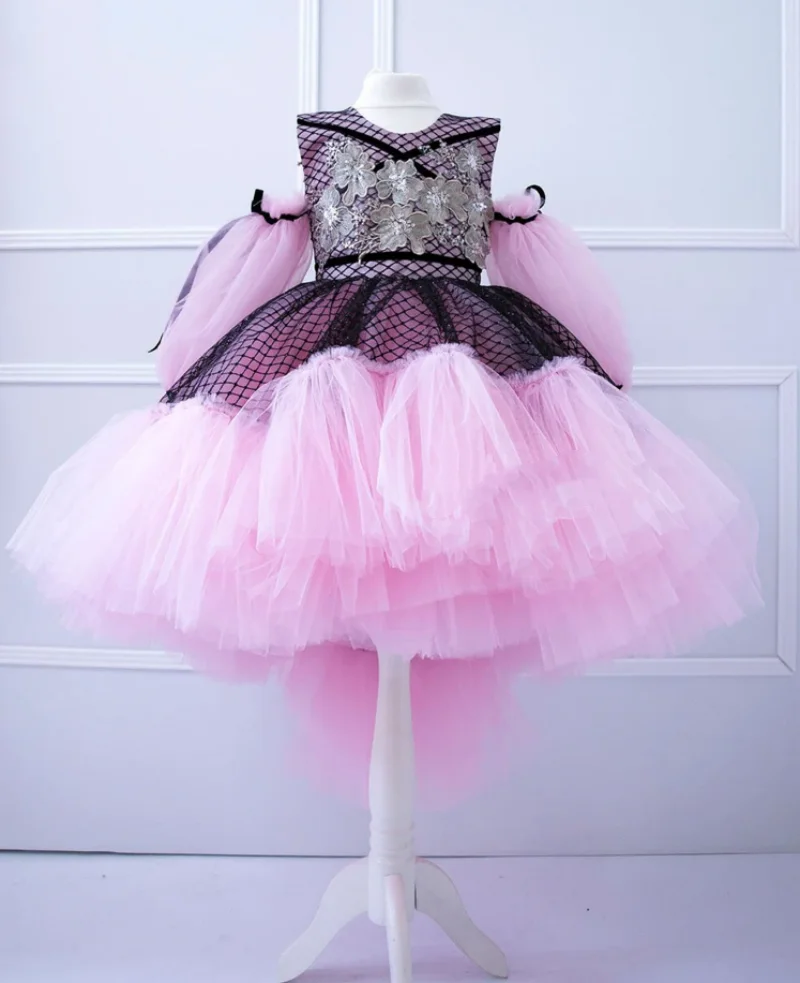 Vestido de tul rosa de manga larga para niñas pequeñas, tutú hinchado de princesa, vestido de fiesta de cumpleaños