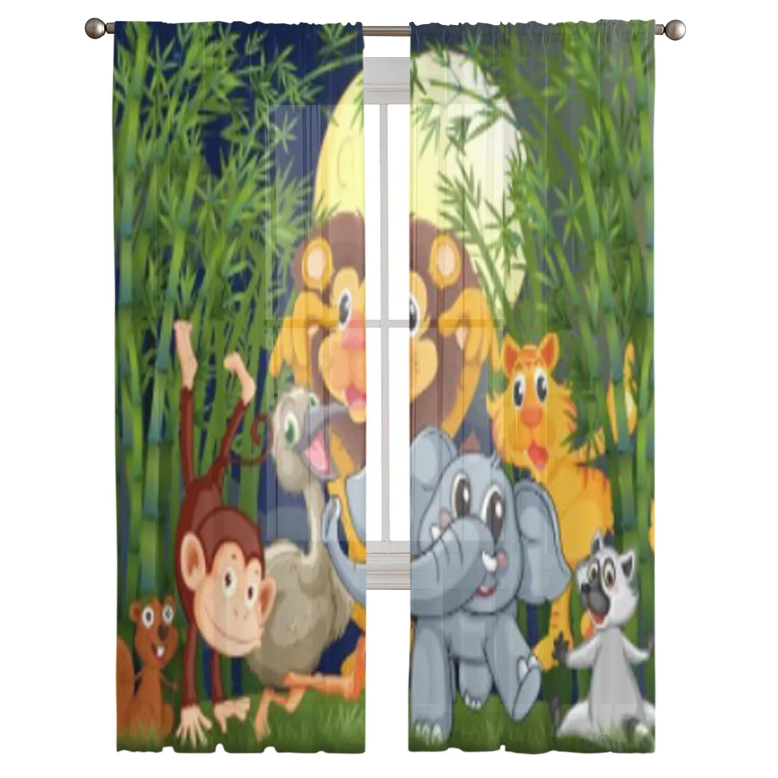 Illustration Of A Rainforest With Animals Strolling In The Middle Of The Night Sheer Tulle Window Curtains Voile Drape