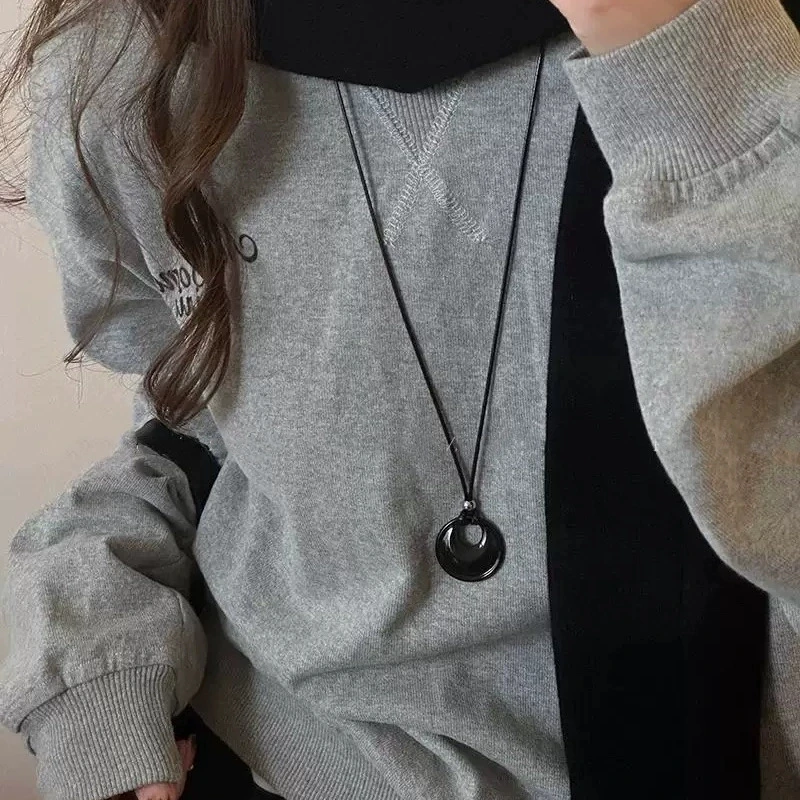 Korean Metal Round Geometric Pendant Long Rope Chains Necklace For Women Men Trendy Vintage Neck Jewelry Accessories Wholesale