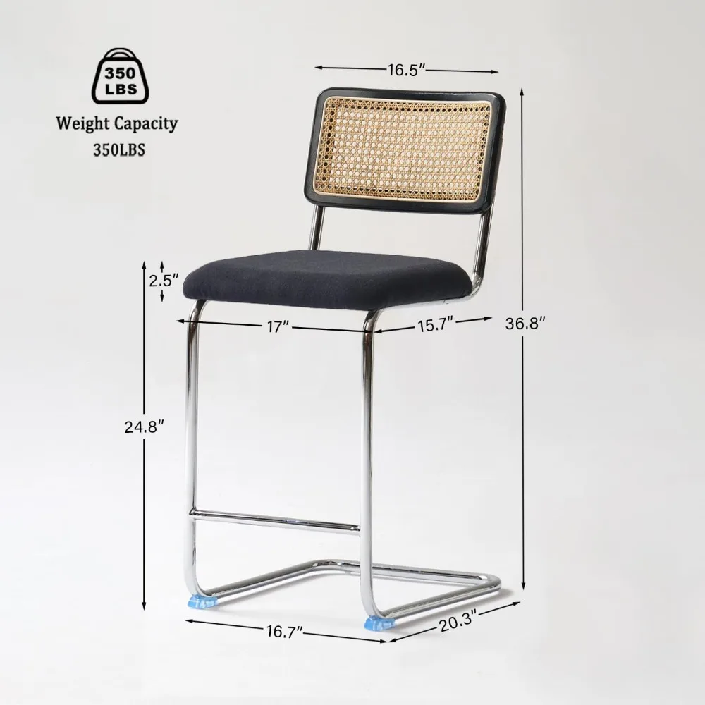 Natural Rattan Counter Height Stools Set of 2 with Solid Wood Back,Mid Century Modern Cesca Bar Stools, Black Chrome Up