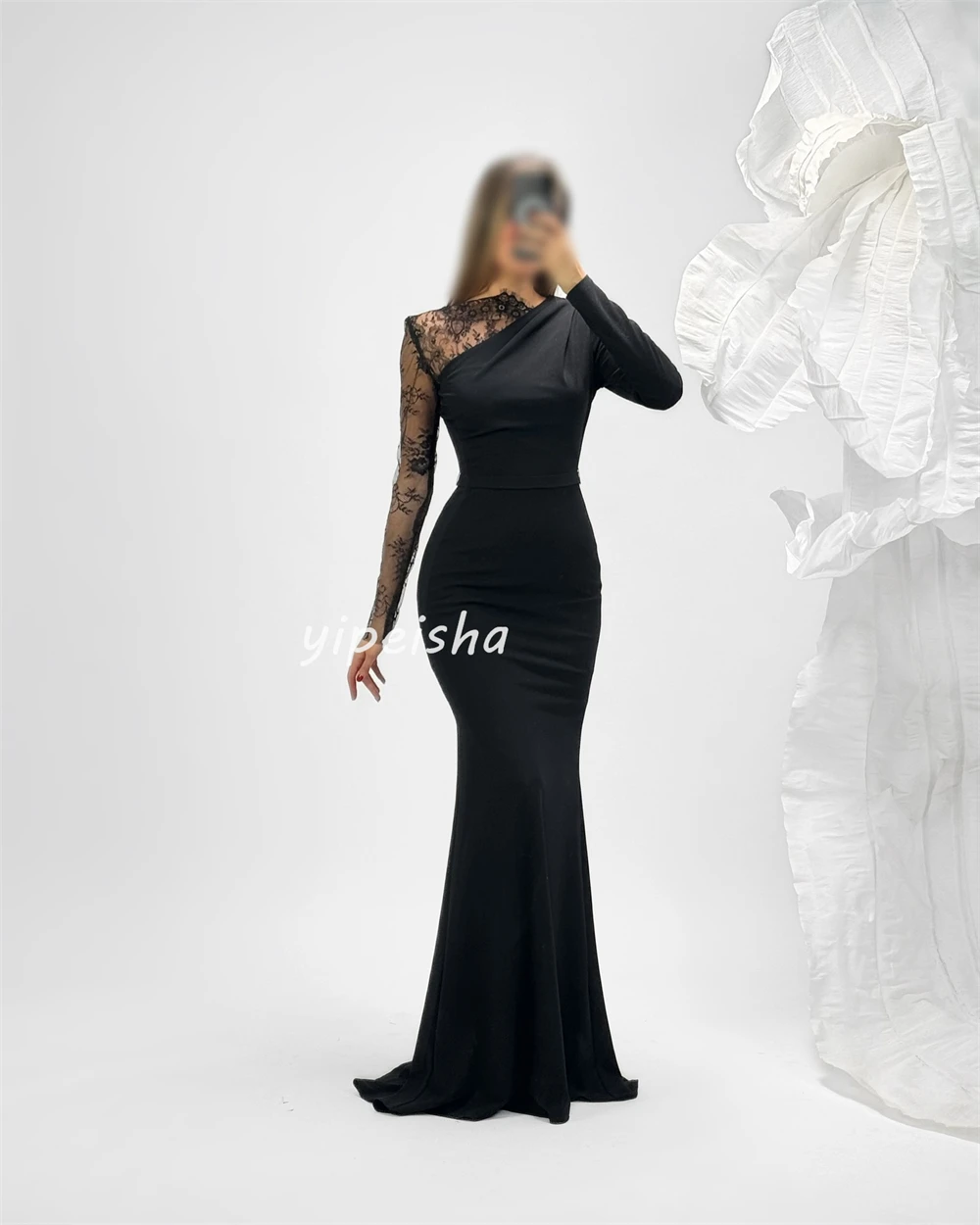 تخصيص أنيقة كلاسيكية جيرسي الدانتيل Ruched حورية البحر مغرفة الرقبة فساتين طويلة فساتين مناسبة مخصصة الأحجام المتاحة الرسمية