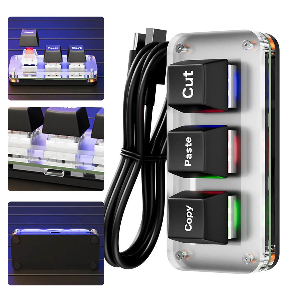 RGB Mini Cut Copy Paste Keyboard 3-Key Ctrl X C V Shortcut One Handed Keyboard USB Type-C for Accounting Working Or Rhythm Games