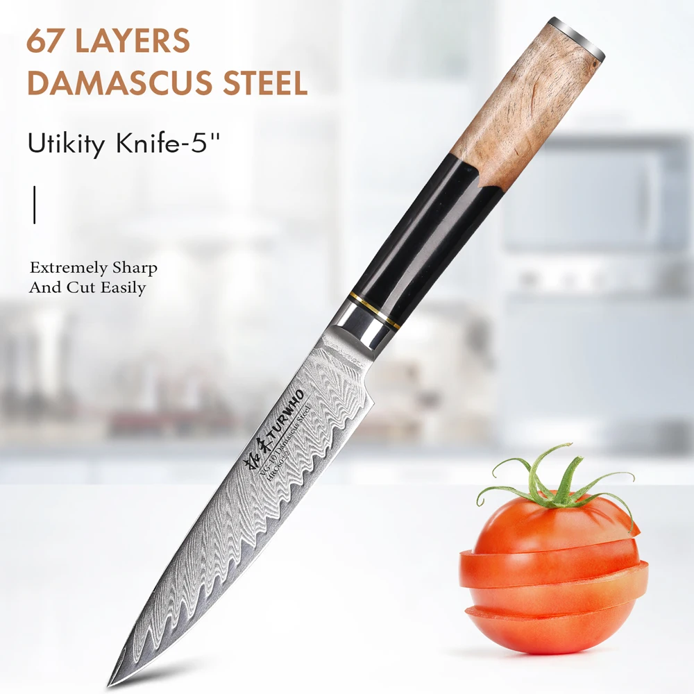 TURWHO 5 Inch Utility Knives VG10 Core Cutting 67 Layers Damascus Steel Chef Fruit Vegetables Slicing Tools Kitchen Accessories