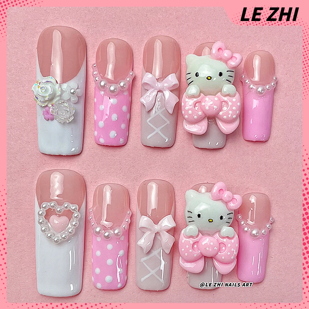 French Pearl Ballet Dancer Hello Kitty unghie artificiali a copertura totale 3D Stereo Rose Bowknot Long Square Kawaii Pink unghie fatte a mano