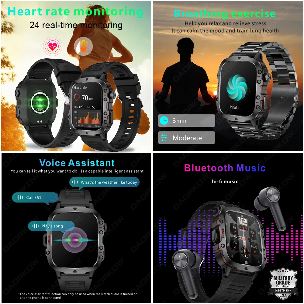 Rugged Military Smart Watch Men For Android IOS Ftiness Watches Ip68 Waterproof 2.01'' AI Voice Bluetooth Call Smartwatch 2023