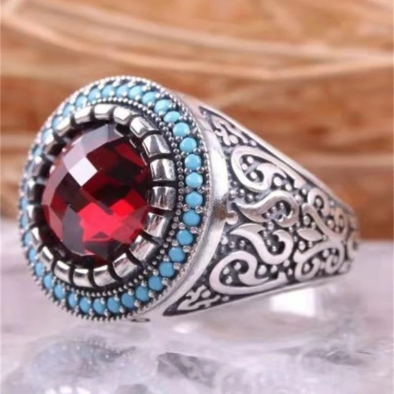 

New Inlaid Turquoise Men's Luxury Ring Personality Retro Personality Ruby Ring To Attend The Banquet Party Fashion Jewelry