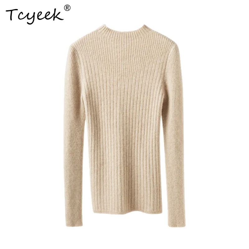 

Tcyeek, 100% Pure Cashmere Elegant Sweater, Women's Semi High Neck Striped Solid Color Casual, Autumn and Winter Top T48907KS