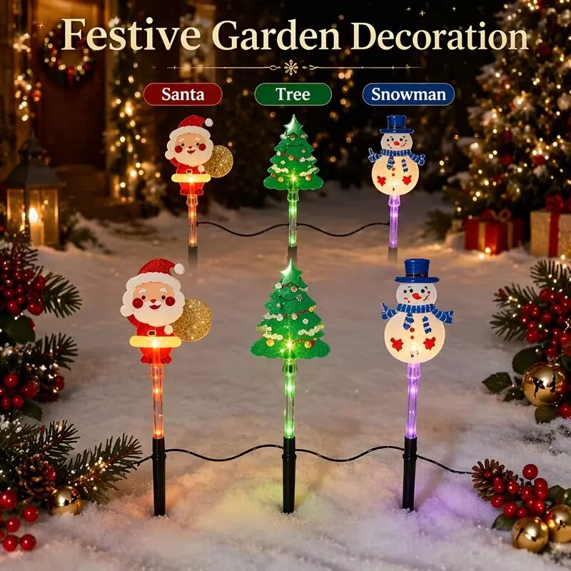 6PCs/Set Christmas Solar Powered Garden Lights, Christmas Tree&Santa Claus&Snowman LED Lights,8-Mode Waterproof Decorative Light